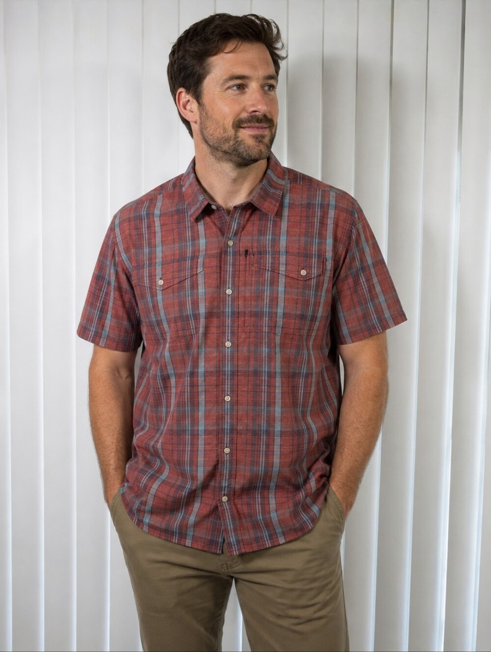 L.L. Bean Rust Plaid Short-Sleeve Button-Down Shirt with Blue Stripes